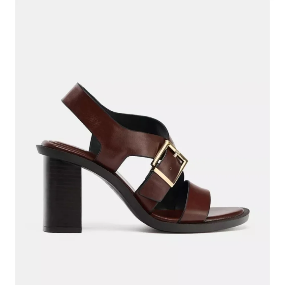 Zara Brown Leather Buckled Heeled Sandals Sz-11